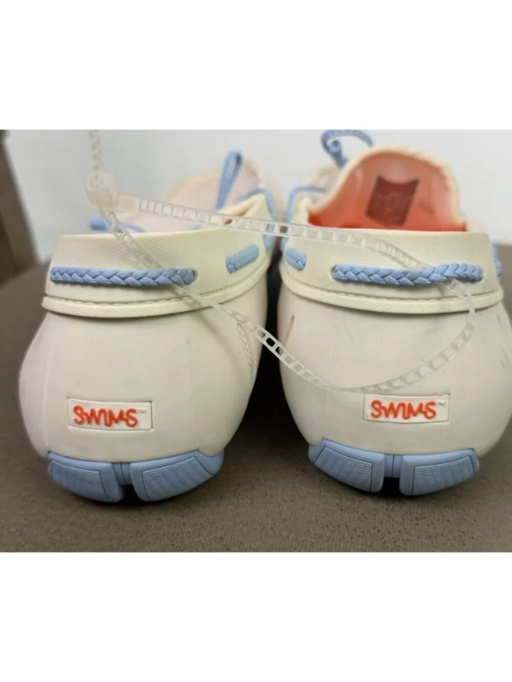 Swims Men's White Mesh Boat Shoes with Light Blue Laces and Orange Insoles